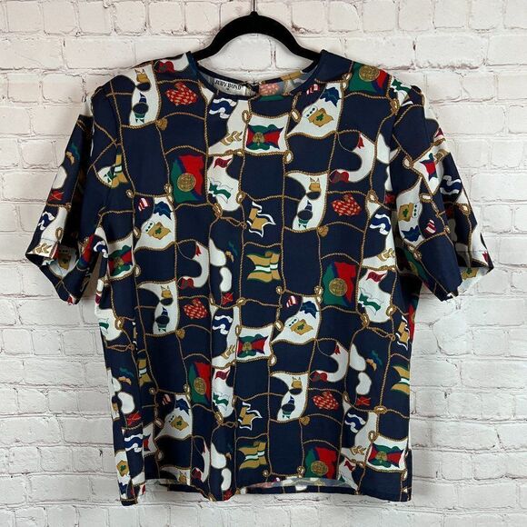 JUDY BOND vintage blue multicolor flags short sleeve top blouse size 18 - Picture 1 of 6
